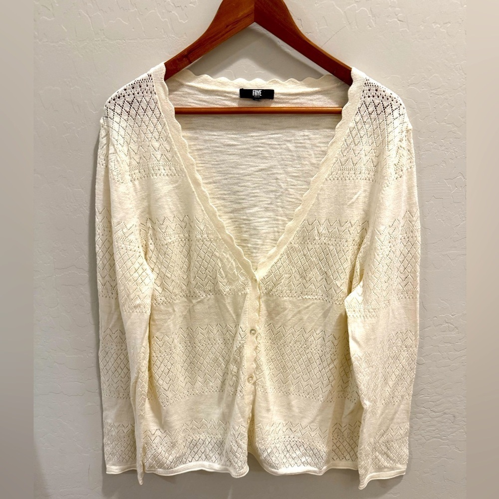 Frye Women's 100% Cotton Ivory Pointelle Button Down Lightweight Cardigan